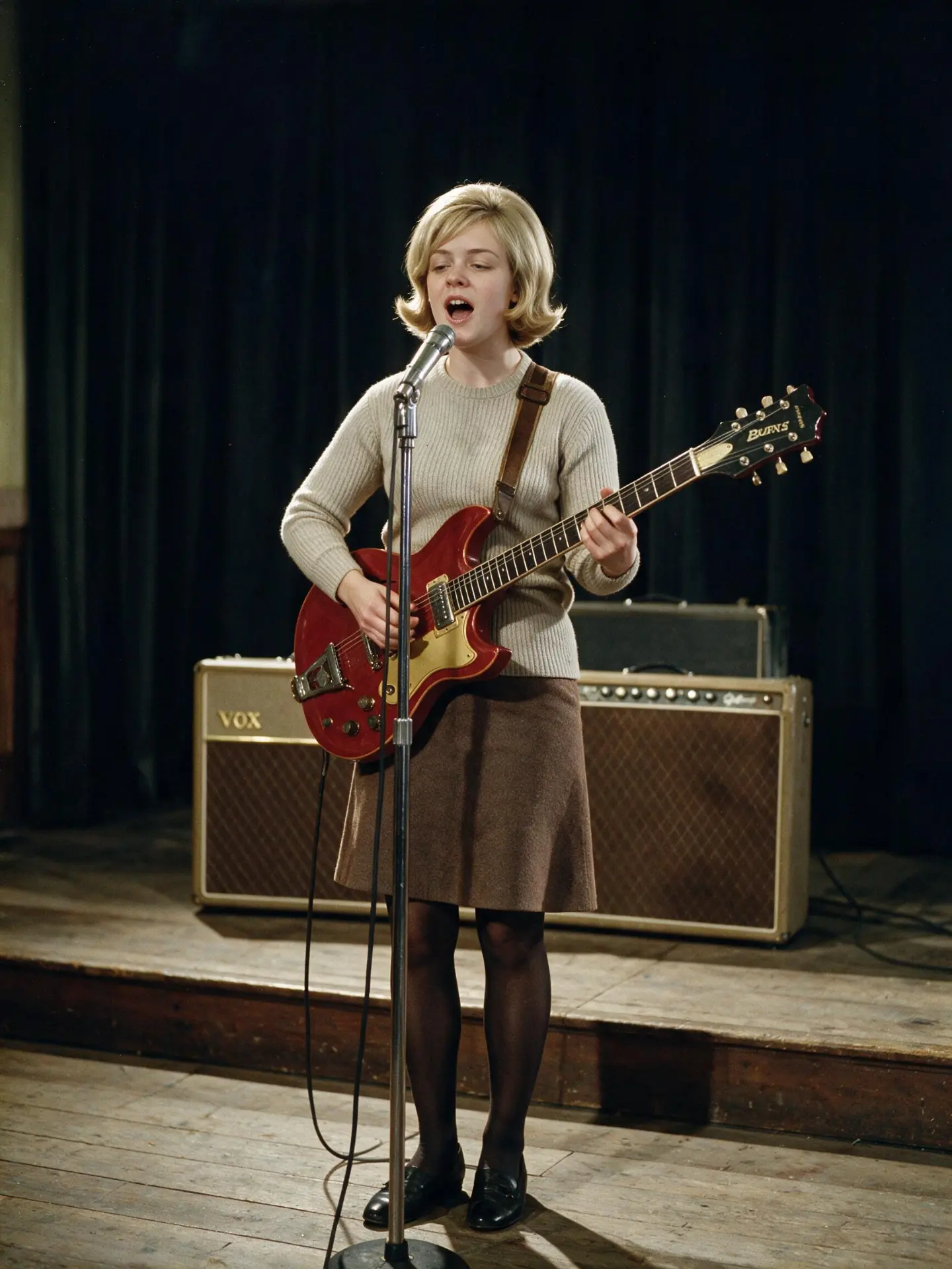 Julia Pilbeam singing at a microphone with a red Burns guitar